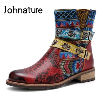 

Johnature Ankle Boots Genuine Leather Zipper Round Toe Square Heel 2020 New Autumn/Winter Embossing Totem Flower Women Shoes