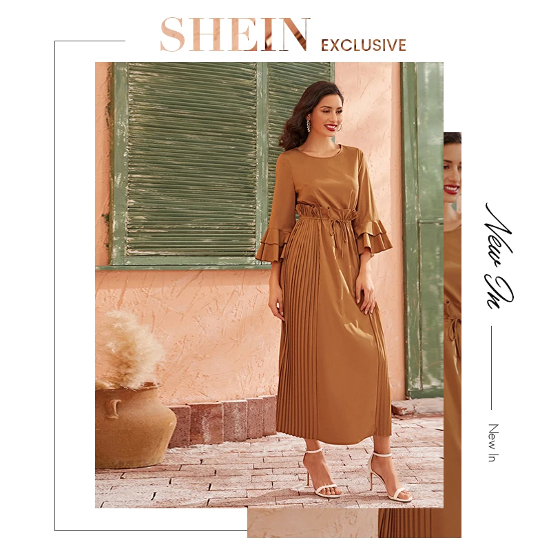 SHEIN Camel, элегантное Плиссированное многослойное платье с рукавами-колокольчиками и рюшами, женские платья макси с высокой талией, осень