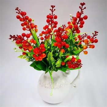 

20Pcs Fake Real Touch Berry (7 stems/bunch) 15.75" Length Simulation Red Cherry for Home Decorative Artificial Plants