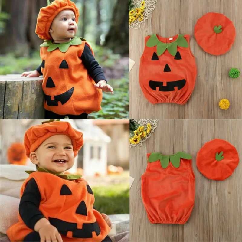 0-3Y Cosplay Halloween Toddler Baby Kid Pumpkin Print Sleeveless Romper Jumpsuits Tops+Hats Baby Girl Boys Clothes 2PCS Costume