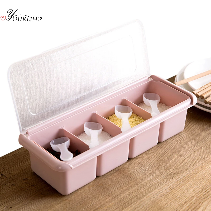 OYOURLIFE Kitchen Salt And Pepper Seasoning Box 4 Grid Storage Spice Organizer Container Spice Rack Kitchen Accessories