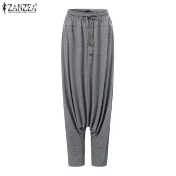 

2020 ZANZEA Drop Crotch Pants Casual Pockets Solid Women Pantalon Streetwear Harem Pants Female Casual Loose Palazzo Bottoms 5XL