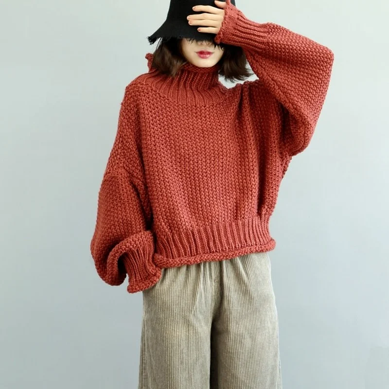 2021 Winter New Plus Size Women Sweaters And Pullovers Turtleneck Solid Loose Lantern Sleeved Knitted Lady Pulls Outwear Coats | Женская