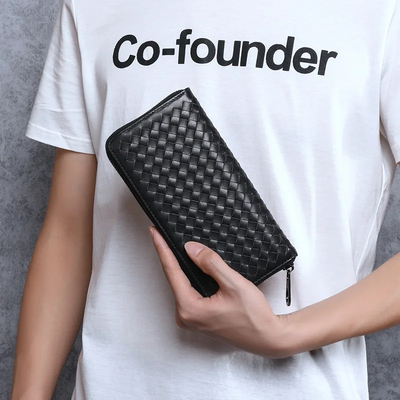 

Long Wallet 2019 New Style Korean-style Genuine Leather Cowhide Men Clutch Bag Weaving Zipper Wallet Large Capacity Handbag