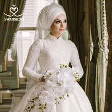 Роскошные мусульманские аппликации свадебное платье Swanskirt AZ01 Винтаж Принцесса бальное платье с длинным рукавом атласное свадебное платье Vestido de noiva