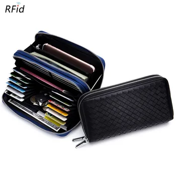 

capacity men long wallet rfid more screens ms sheepskin double zipper weaving wallet with Europe and the United States