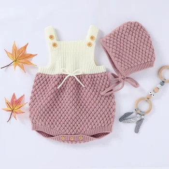 

0-24M Baby Knitted Rompers Overalls Newborn Baby Girls Boys Clothes Infant Baby Girl Boy Sleeveless Romper Jumpsuit With Hat Set