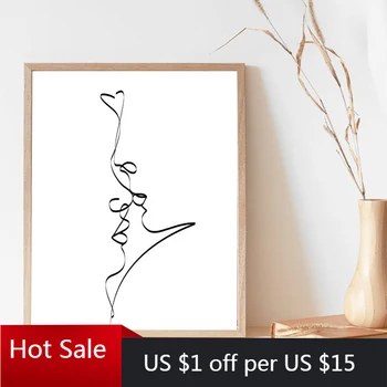 

Abstract Couple Kiss Single Line Drawing Canvas Painting Print Love Black White Gifts Wall Art Decor Posters Aesthetic Room Deco