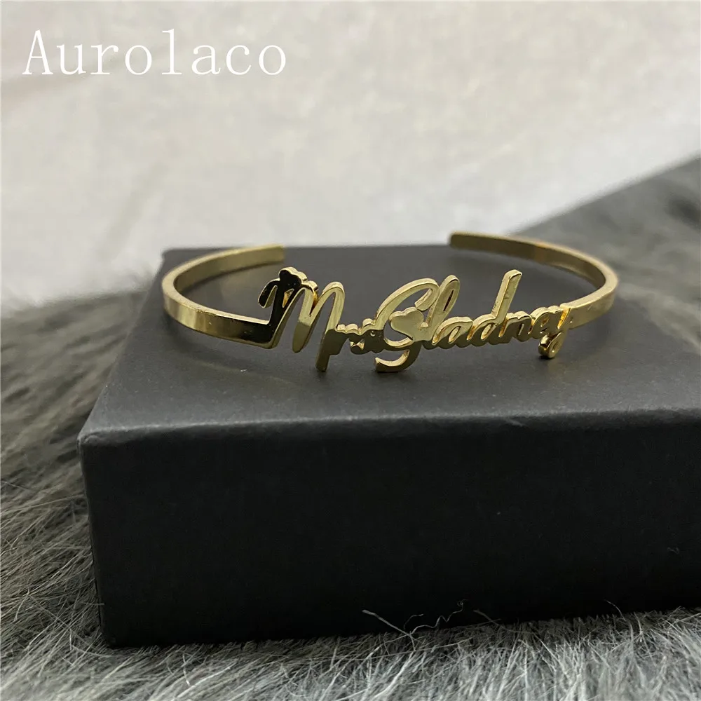 

AurolaCo Customized Nameplate Name Bracelet Personalized Custom Cuff Bangles Women Men Rose Gold Stainless Steel Jewelry Gifts