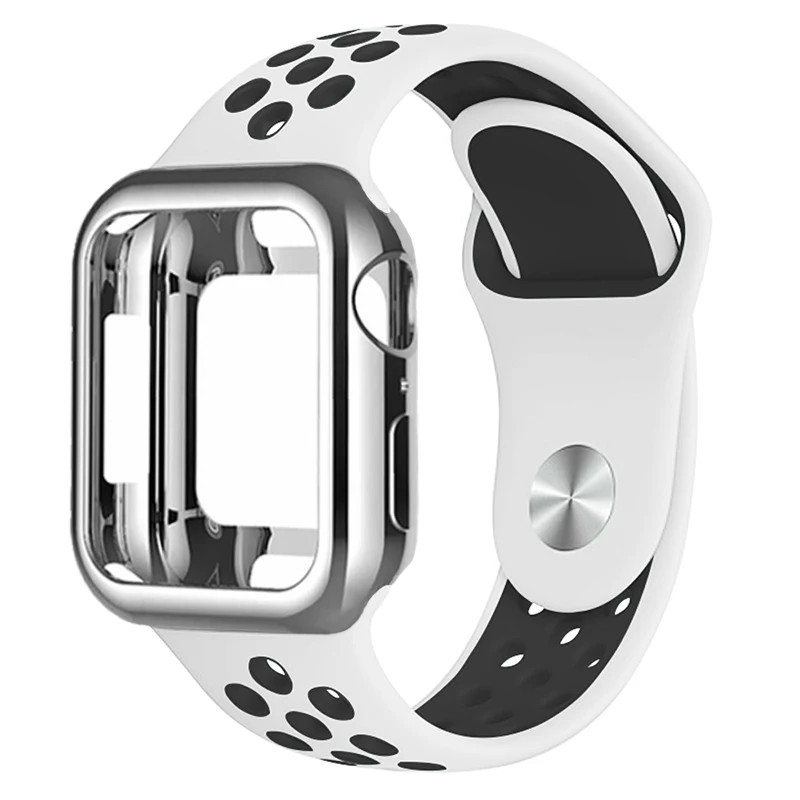 Силиконовый спортивный ремешок+ чехол для apple watch 5 4 3 2 1 серия 38 мм 42 мм ремешок для iwatch 40 мм 44 мм браслет аксессуары для запястья - Цвет ремешка: White with black