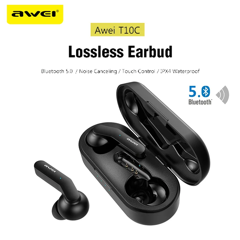 

NEW Awei T10C TWS True Wireless Earphone Bluetooth 5.0 HiFi Touch Control Headset Lossless Noise Reduction Earbud With Mic IPX4