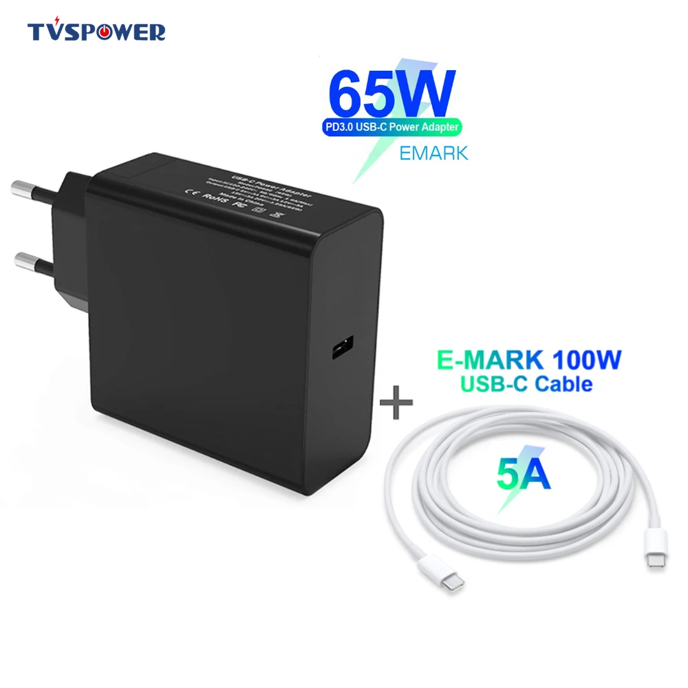 65W 20V 3.25A USB PD Power Laptop Adapter For Macbook iPhone Samsung Xiaomi Type C QC3.0 Fast Charger With E-Mark 100W Cable | Компьютеры