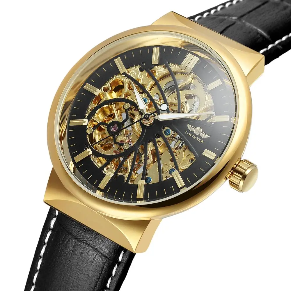 

WINNER Fashion Causal Men Black Automatic Mechanical Watch Leather Strap Skeleton Dial Top Luxury Brand Genuine Leather Watches