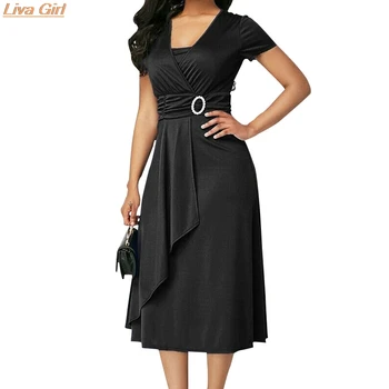 

Elegant V-Neck Women Dress High Waist Plain Asymmetric OL Casual Short Sleeve Party Summer Plus Size Dresses