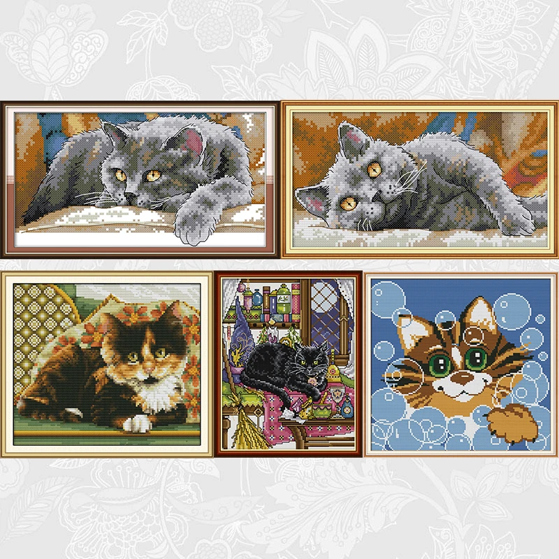 Cat Series Paintings Cross Stitch Printed Canvas 11CT 14CT DIY Handmade