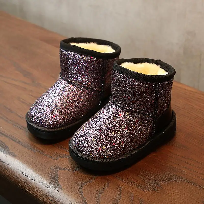 Детская зимняя обувь; плюшевые теплые зимние ботинки для девочек; водонепроницаемые детские ботинки; Водонепроницаемая Обувь из искусственной кожи для маленьких мальчиков; нескользящая обувь на плоской подошве - Цвет: Purple