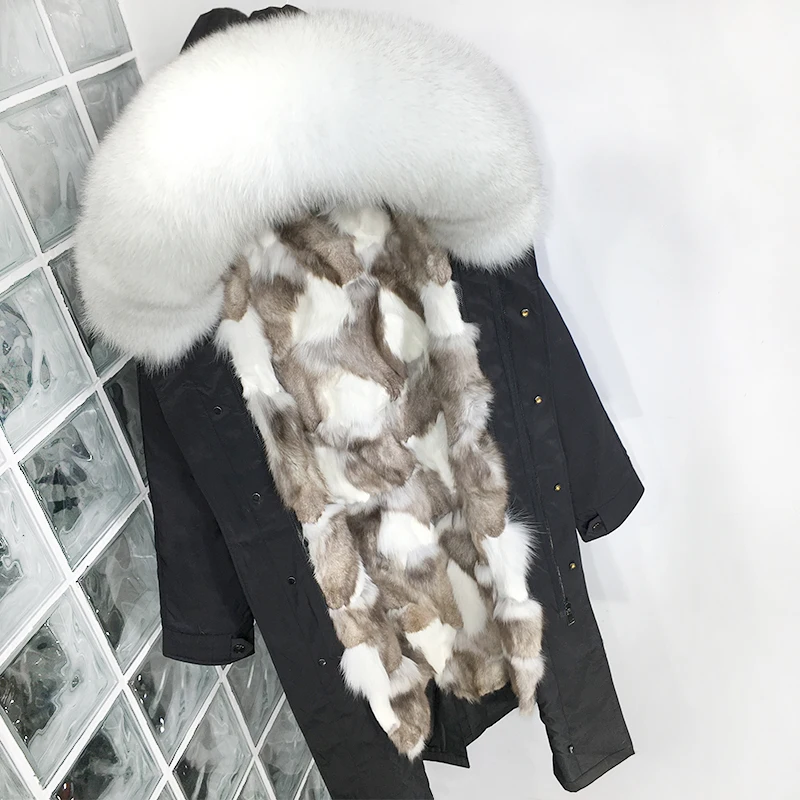 Plus Size Real Fur Coat Waterproof Parka Mujer Winter Jacket Women Natural Fox Fur Collar Liner Hood Thick Warm Outerwear Hat - Color: Xlong Milk