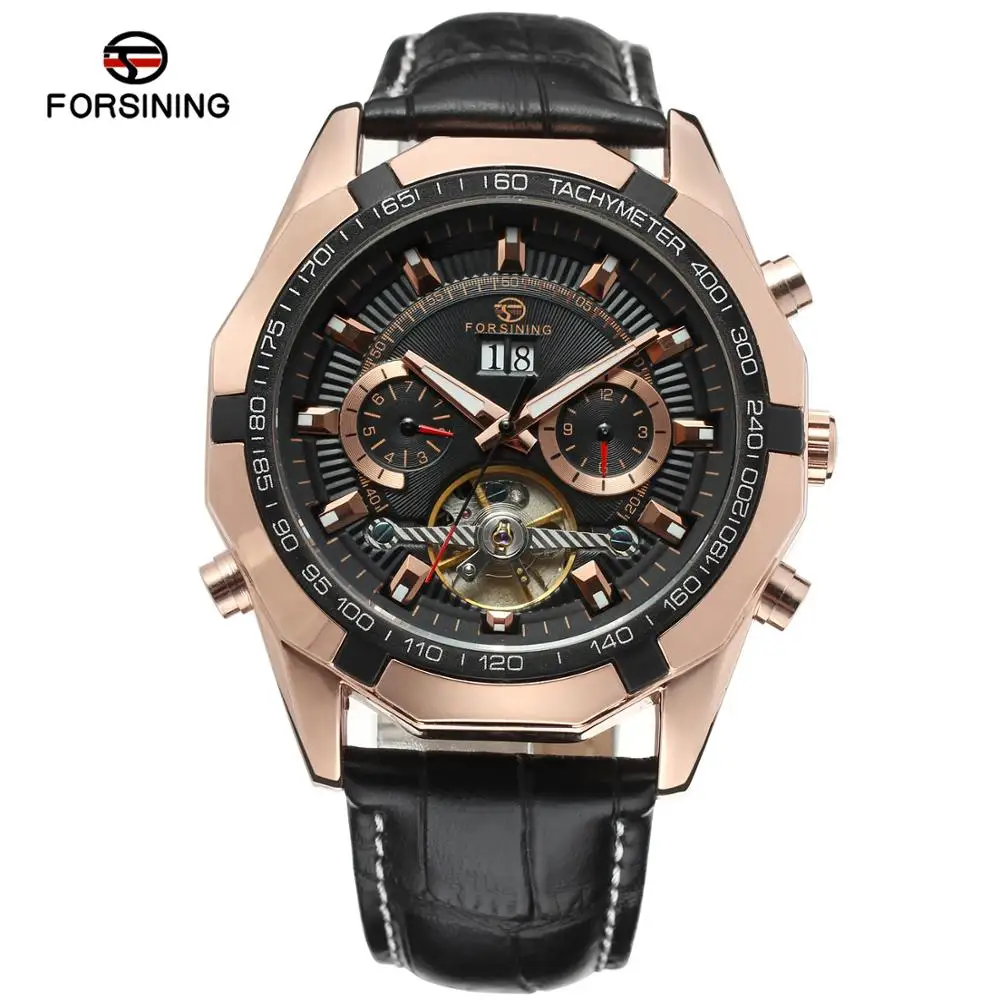 FORSINING Luxury Brand Men Automatic Mechanical Watch Men's Black Leather Band Canlendar Tourbillon Skeleton Wrist Watches - Цвет: 2