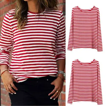 

Hot Sell Blouses Women Long Sleeve Shirt O-Neck Red stripes Blouse Casual Loose Long Basic Shirts S-XL