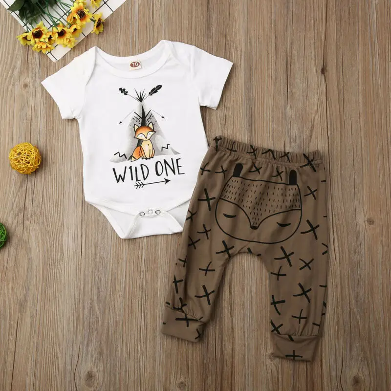 

2022 Baby Summer Clothing Lovely Newborn Baby Boy Girl Fox print Clothes Tops Short Sleeve Romper+Harem Pants Outfit 2Pcs Set
