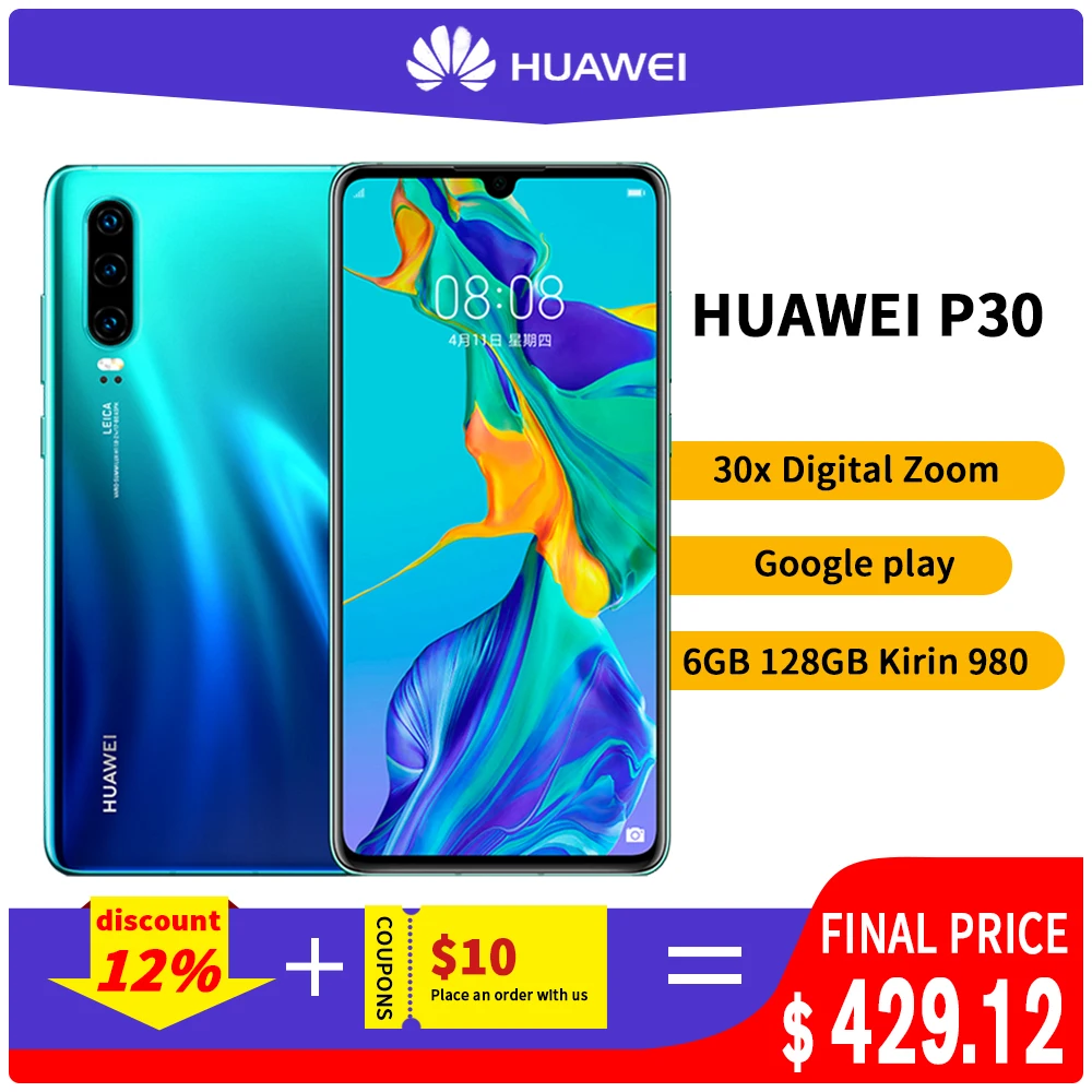 Оригинальный смартфон Huawei P30 6 ГБ 8 128 Kirin 980 четырехъядерная камера с цифровым