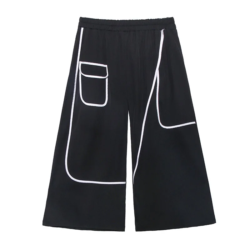 [EAM] High Elastic Waist Black Pocket Split Long Wide Leg Trousers New Loose Fit Pants Women Fashion Spring Autumn 2020 1X812