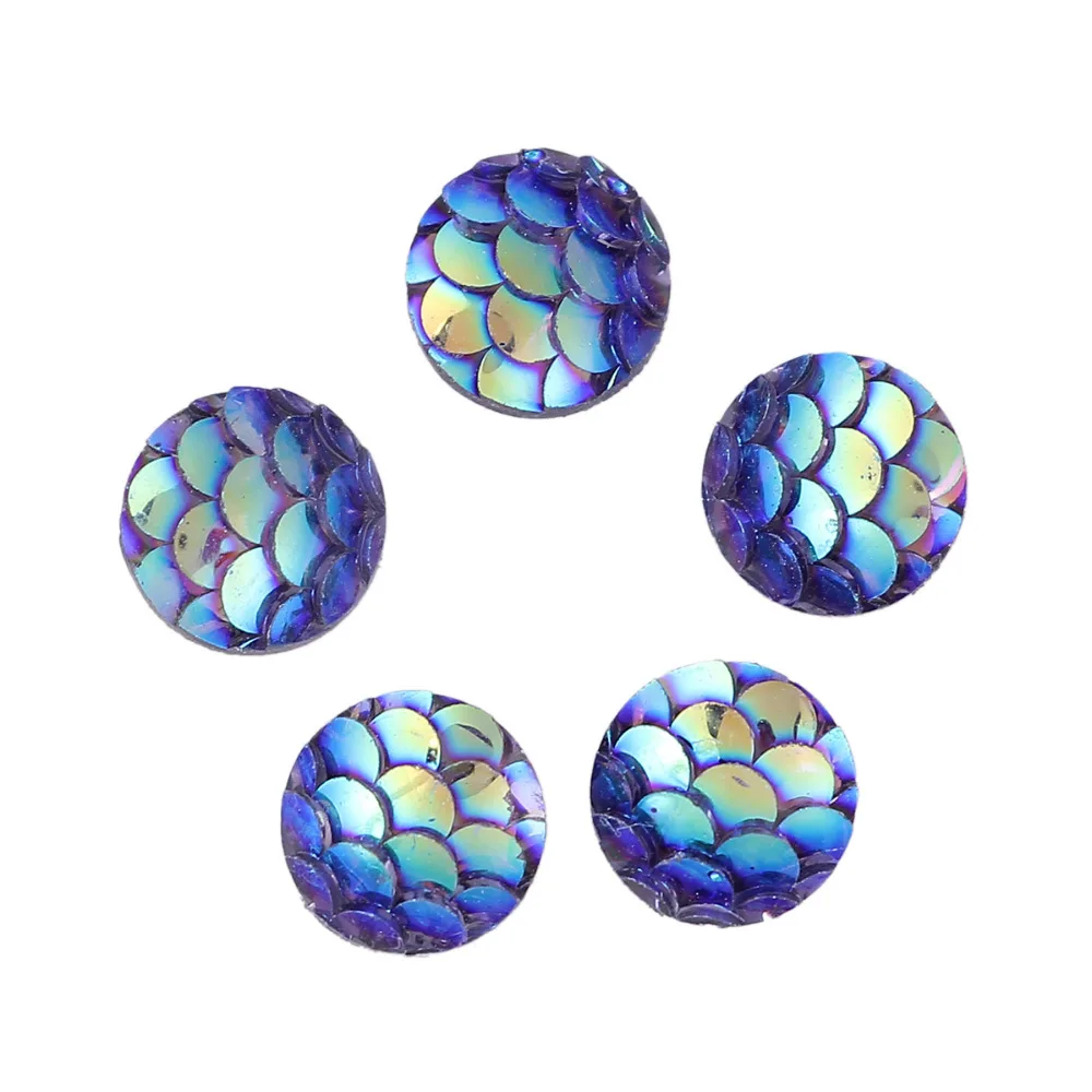 50PCs 8mm/12mm Resin Round Mermaid Fish Dragon Scale Dome Seals Cabochon Royal Blue AB Color For DIY Earring Jewelry Making