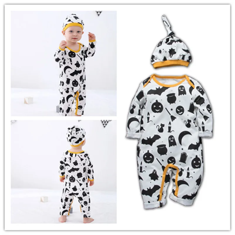 

Autumn Children Baby Romper 3M-18M Cotton Long Sleeves Round Collar Pumpkin Bat Broom Cat Pattern Climbing Suit Romper With Hat