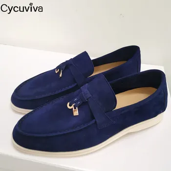

High Quality Suede Loafers Summer Walk Men Shoes Metal Lock Decor Slip On Mules Casual Flat Shoes Male Comfy Outwear Flat Shoes