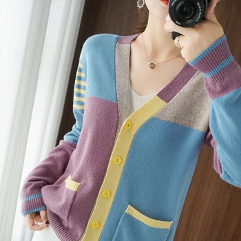 

Ozhouzhan 2020 New Style Autumn Clothing Mixed Colors Plaid Sweater Cardigan Coat Female Thin V-neck Wool Knitted Blouse