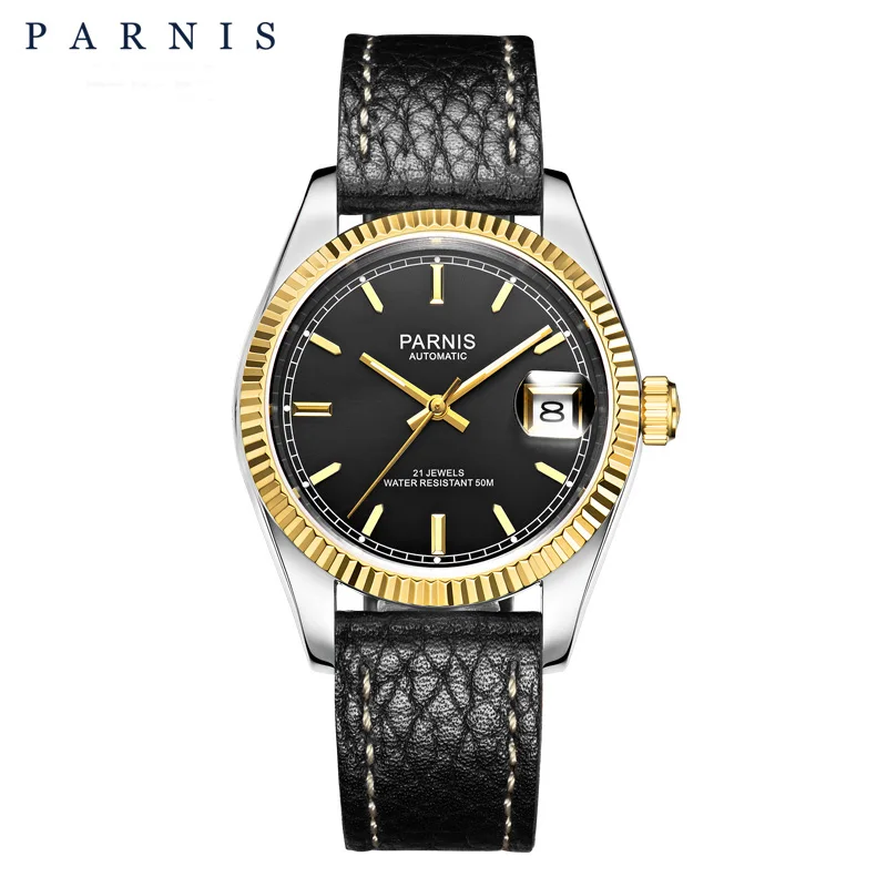 Black Elegant Royal Men's Mechanical Watch Parnis 36mm 21 Jewels Sapphire Leather Watchbands Auto Date Automatic Watch Men Montre Sale - Color: Black