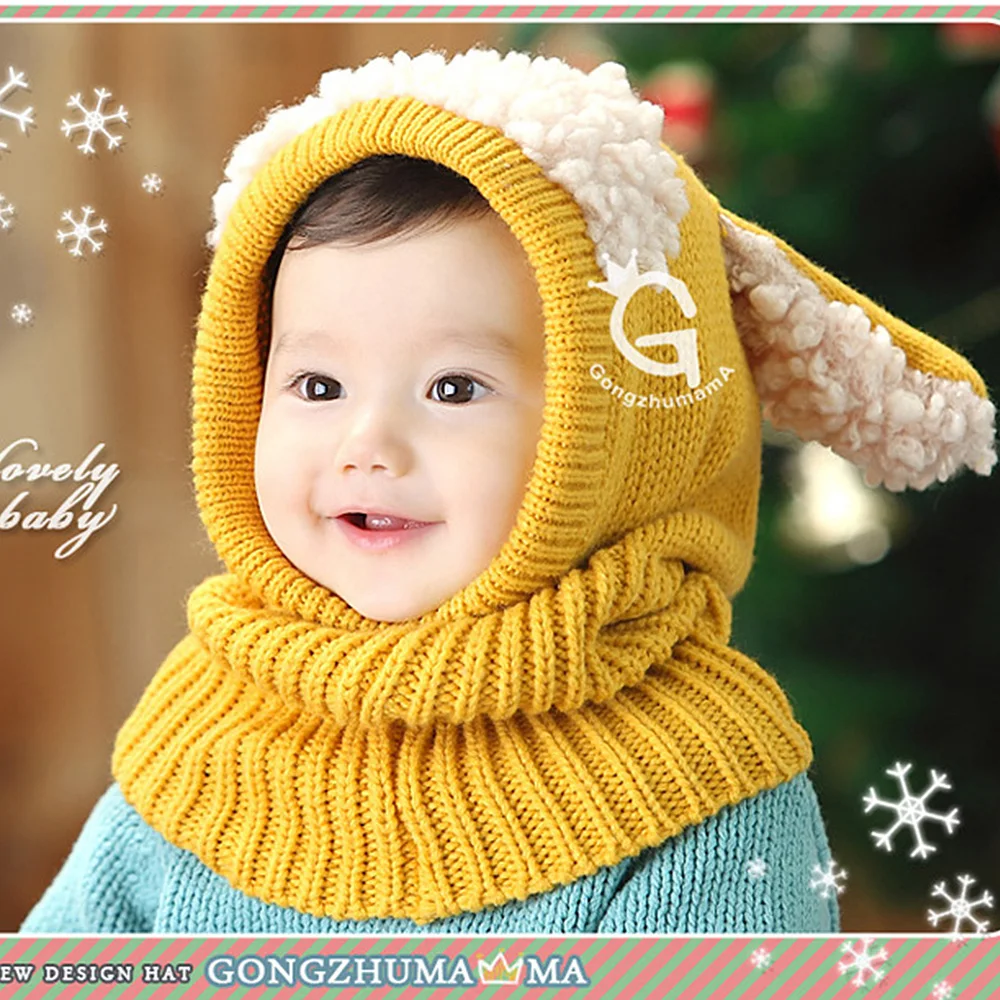 Oeak Baby Hat Cute Toddler Kid Hats Shawl Suits Hood Kintted Coif Woolen Scarves Caps Girl Boy Winter Warm Cap Lamb Fur Hats
