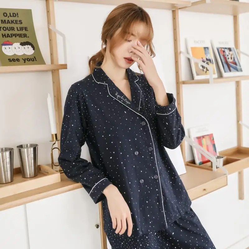 

Autumn New Style Fold-down Collar Cardigan WOMEN'S Pajamas Korean-style English Star Printed Pure Cotton Tracksuit