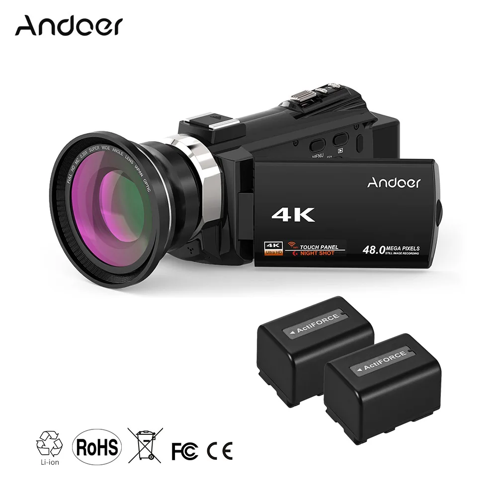 Andoer WiFi цифровая видеокамера 4K 1080P 48MP камера видеокамера рекордер с 2 перезаряжаемыми батареями 0.39X широкоугольный объектив микрофон - Цвет: Black 2