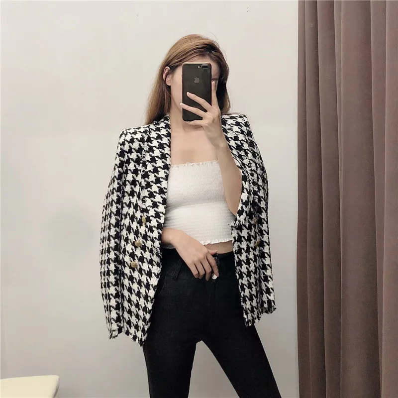 

2019 Europe And America Autumn New Style Elegant Thousands of Birds Fold-down Collar Double Breasted Short Suit Jacket Women's 7