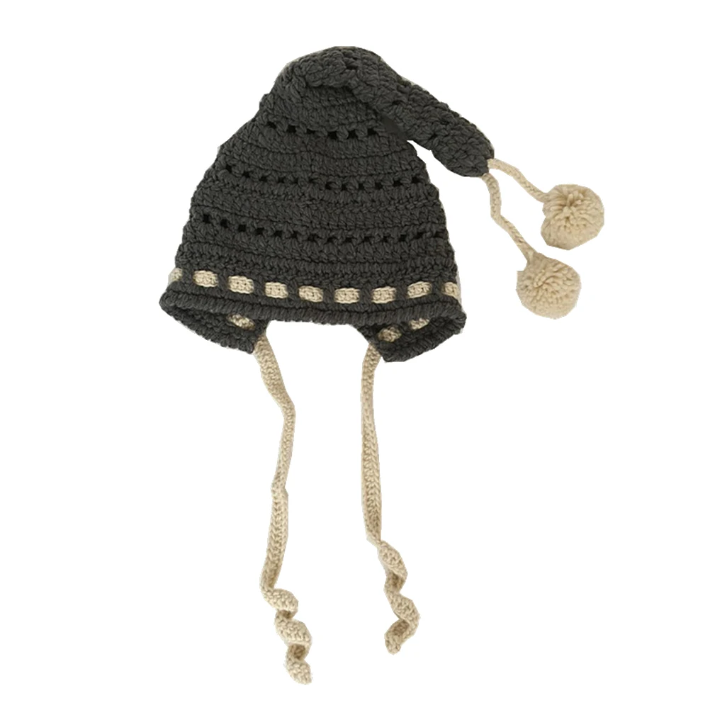 Autumn Winter Cap Woolen Yarn Wool Crochet Long Tail Hat Knitted Beanie for Kids Children(Grey