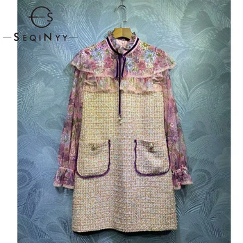 

SEQINYY Sweet Dress Tweed Mesh Flowers Print Fashion Runway Lace Up 2020 Summer Spring New Design Women Mini Loose Pockets