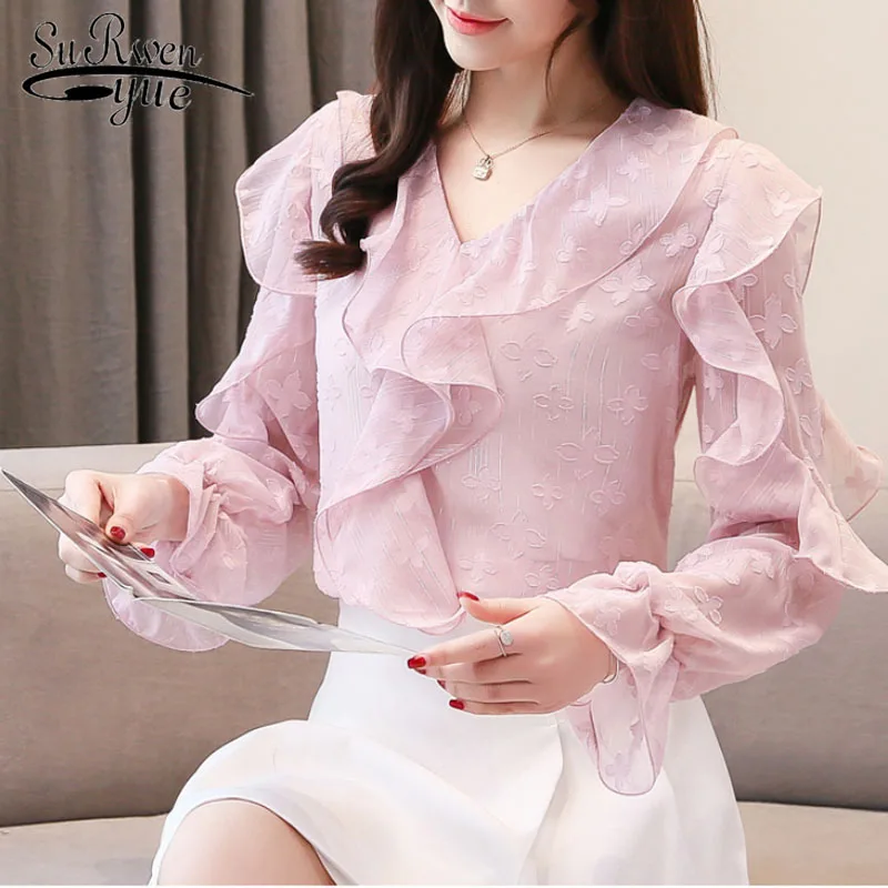 

2019 Autumn Fashion Women Chiffon Blouses Casual Sweet Elegant Pink Women Tops Long Sleeve V-neck Women Blouses 5548 50