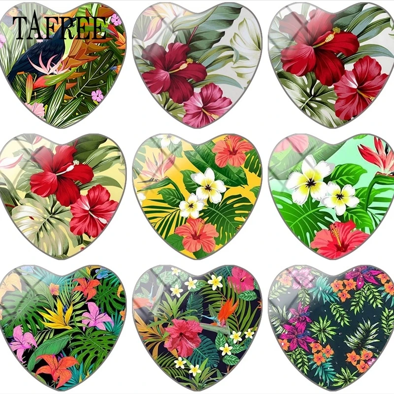 

TAFREE Tropical Green Plant Leaf Heart Shaped Glass Beads 25mm Glass Cabochon Dome Art Picture Cameo Settings DIY Jewelry