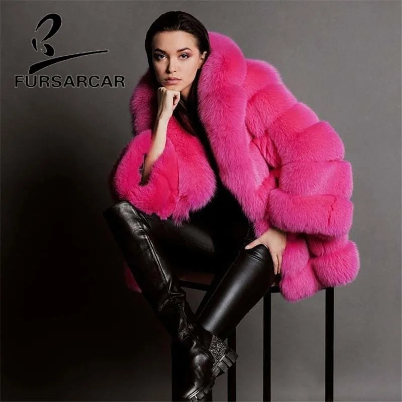 Модное роскошное Женское пальто с натуральным мехом, 80 см, длинная куртка из натурального Лисьего меха с большим меховым капюшоном, длинный рукав, зимний толстый мех