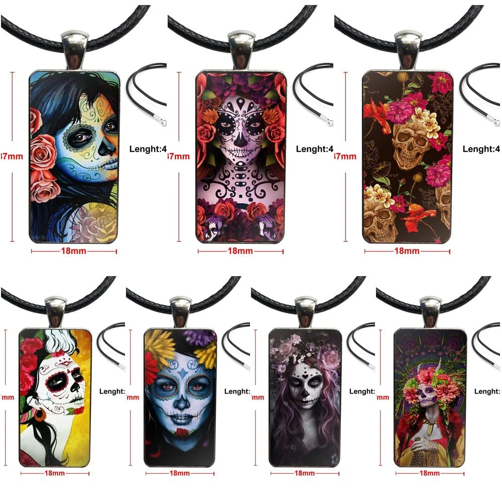 Para Unisex Catrina hermosa rosa calavera arte clásico cabujón colgante de vidrio collar rectángulo moda collar|Collares