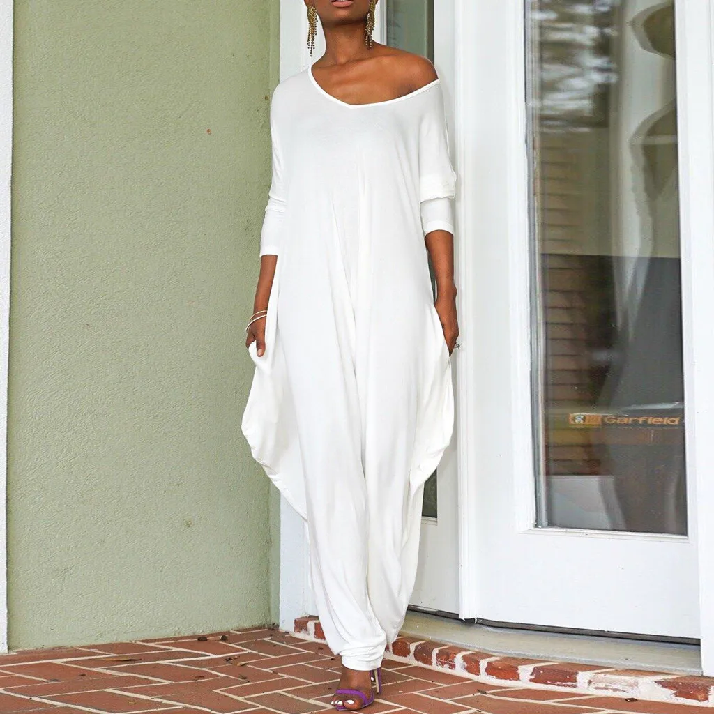 

Long Sleeve White loose Jumpsuit plus size autumn Women V Neck Sexy Backless Rompers Long Playsuit Casual Party Harem Pants