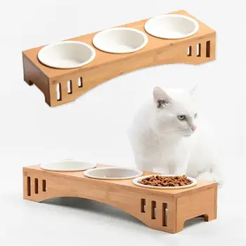 

Solid Wood Pet Dining Table Bowl Pet Wooden Tilted Feeders Dog cat Anti-slip Three Bowl Cat Dish with Slope Stand(Three Bowls)
