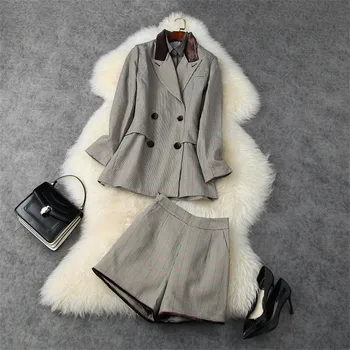 

Autumn Winter Work Outfits Women Fashion Designers Vintage Plaid Notched Blazer+Blouse+Shorts Suit 3 Piece Clothing Sets