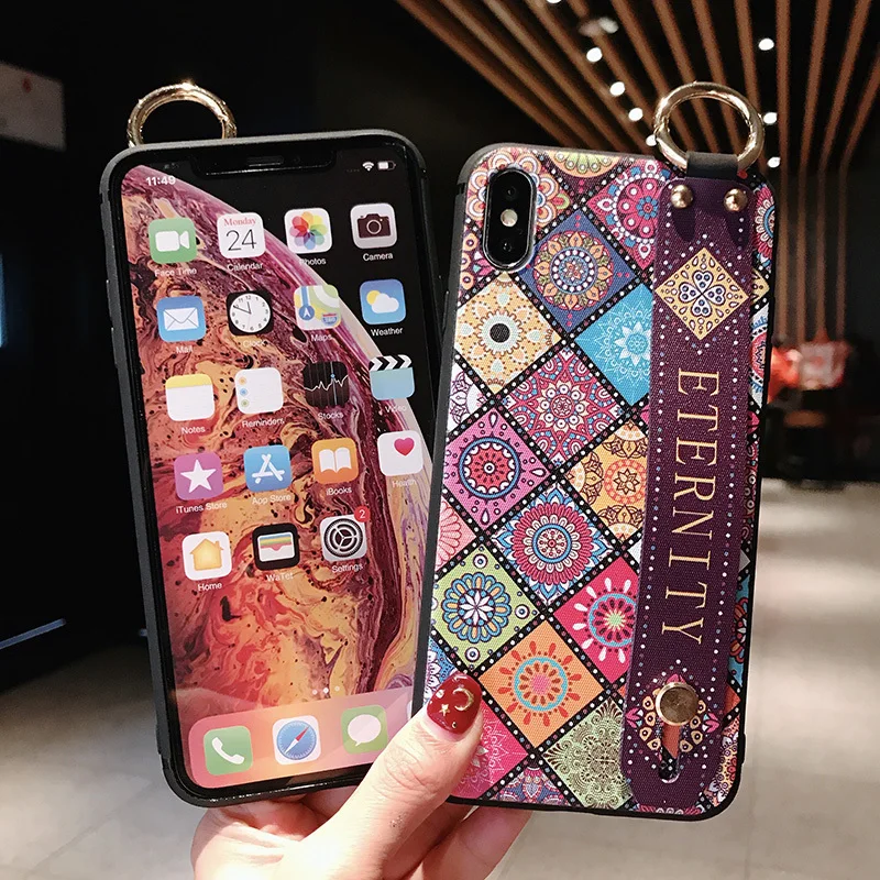 7 SoCouple Wrist Strap Soft TPU Phone Case For iphone 7 8 6 6s plus Case For iphone X Xs max XR Vintage Flower Pattern Holder Case