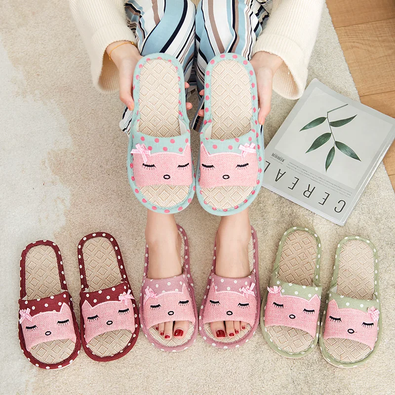 US $7.13 House Women Hemp Slippers Cute Cat Pattern Bedroom Silent Couples Flax Shoes Spring Summer Breathable NonSlip Ladies Slides