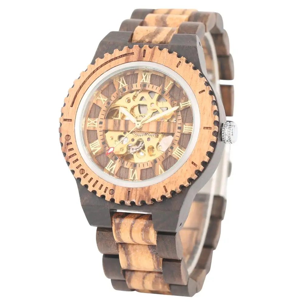 Часы мужские черные деревянные механические с автоматическим намоткой