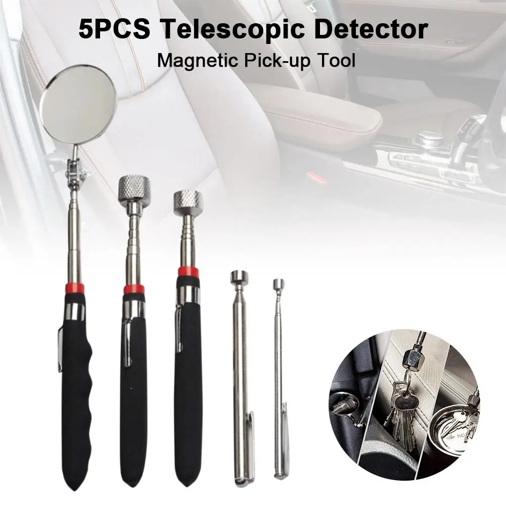 

5PCS Car Telescopic Detector Magnetic Pick-up Tool Telescoping Grabber 360 Swivel Inspection Mirror With LED Light Repair Tool