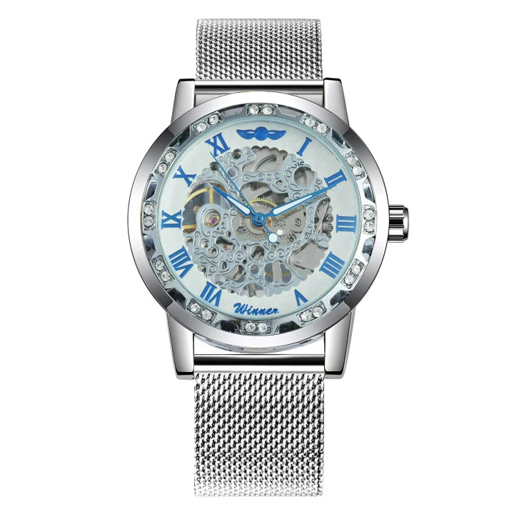 WINNER официальный роскошные часы для мужчин скелет часы механический сетчатый ремешок алмаз Iced Out ультра тонкий новая мода мужские наручные часы - Цвет: SILVER BLUE WHITE