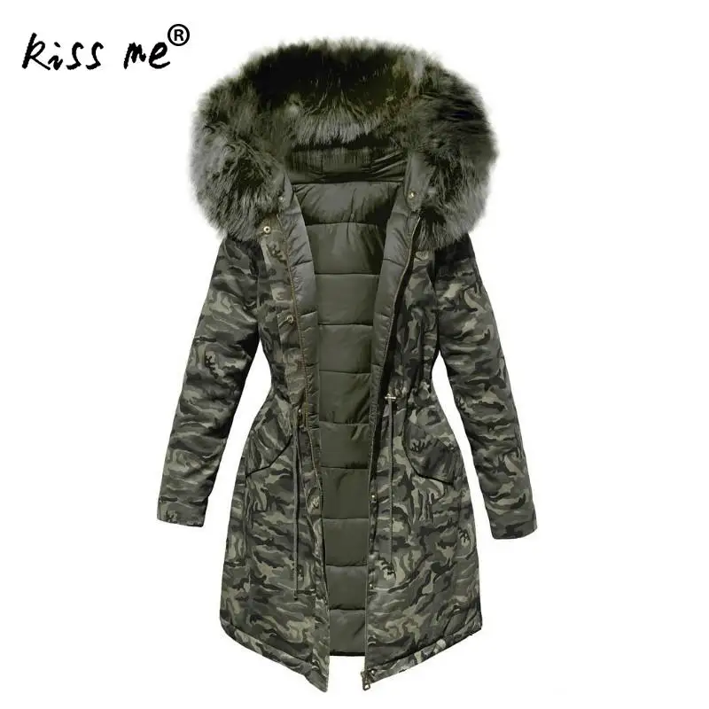 Камуфляжное пальто с капюшоном, зимнее уличное пуховое пальто, женский пуховик средней длины, теплая ветрозащитная походная куртка - Цвет: green
